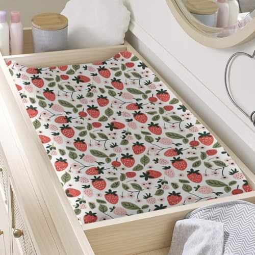 Cartoon Strawberry Flowers Leaves Baby Changing Pad Cover,Unisex Fruits Nursery Diaper Changing Table Pad Mat Sheet for Boys Girls-16x32