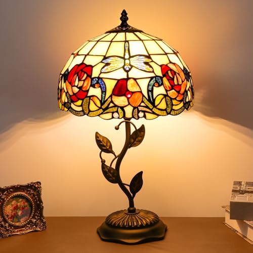 Tiffany Table Lamp Dragonfly Rose Style Stained Glass Lamp