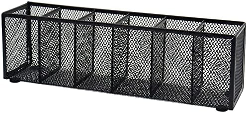 Black Mesh Pen Pencil Holder, Small Metal Desk Organizer Desktop Stationery Office Supplies Acessories Storage Stand, 6 Compartments Brushes Holder for Home School Classroom Teachers