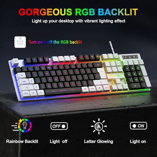 BlueFinger RGB Gaming Keyboard and Backlit Mouse Combo, USB Wired, LED Gaming Set for Laptop PC Computer Game and Work (White & Black)