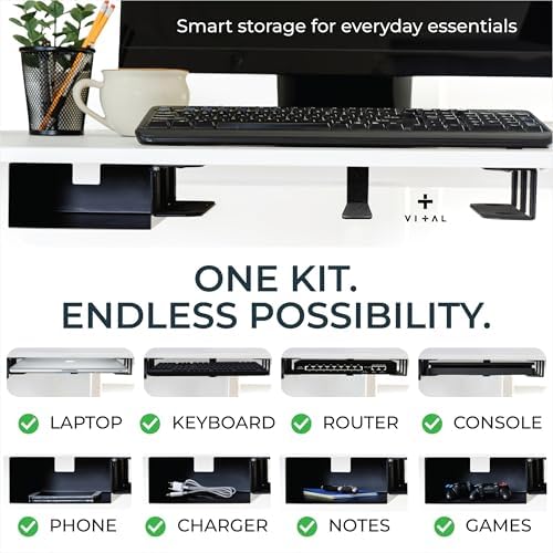 VI+AL Under Desk Laptop Mount - Hidden Metal Shelf with Side Storage - Installs with Tape & Screws - Fits Devices up to 1.7" Thick - Standard (No Hook or Cable Organizer)