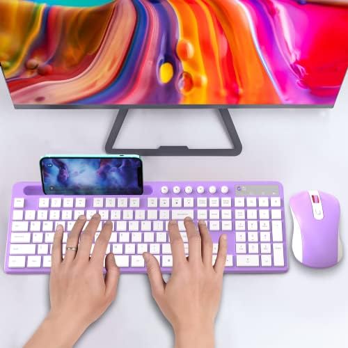 MARVO Wirelss Keyboard and Mouse Combo with Phone Holder, Full-Size, Purple