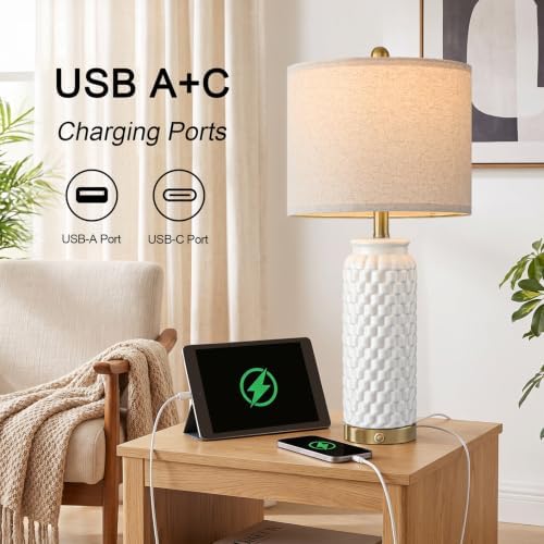 USumkky 25'' Touch Table Lamps for Nightstand White Ceramic -3 Way Dimmable