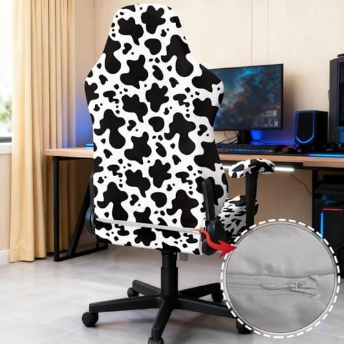 Cow Print Gaming Chair Cover Stretchable Game Chair Slipcovers with 2 Armrest Covers, Scratch-Proof Gamer Desk Chair Covers for Computer Office Seat