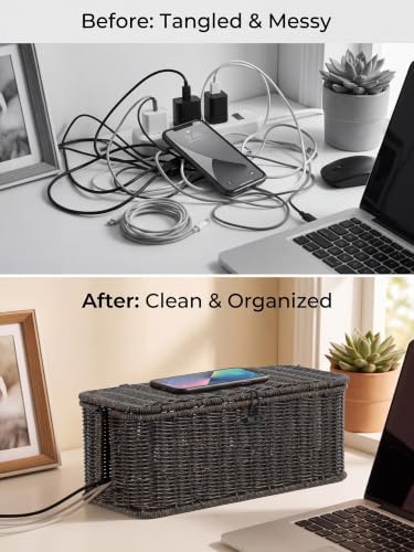 Cable Management Box, Cord Organizer with Lid & Cable Ties - Black Set