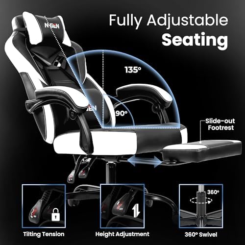 Gaming Chairs with Footrest, Big and Tall Gamer Chair with Headrest and Lumbar Support for Adults, White