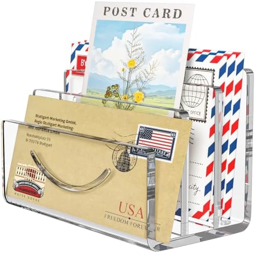 Mail Organizer Envelope Holder - 3 Compartments Clear Acrylic Mail Holder Countertop Home Office Desk Organizer Small File Sorter Vertical Bill Letter Paper Document Storage Rack