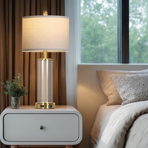 26" Gold Glass Table Lamps Set of 2, 3-Way Dimmable Touch Control Living Room Lamp with USB C+A Ports & AC Outlet, Modern Bedside Lamps, Elegant Bedroom Lamps for Nightstand Side End Table Desk