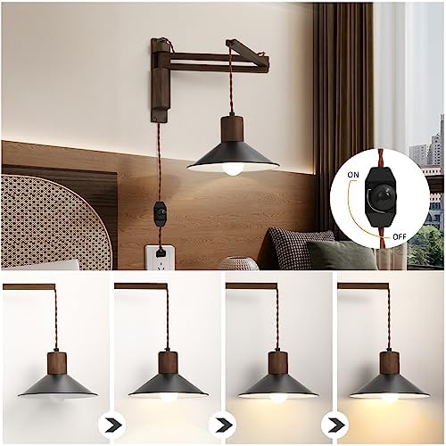 maesta Plug in Wall Lamp, Wood Swing Arm Wall Sconce for Bedroom
