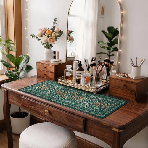iCasso Aesthetic Floral Desk Mat,Retro Mouse Pads,31.5x11.8in,Deep Green