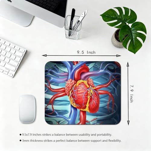9.5x7.9 Inch Office/Gaming Mouse Pad, Illustration of The Human Heart and Its Associated Vascular System Science Design Cute Anti-Slip Mat for Desk