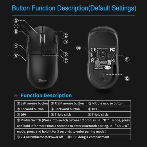 zelotes Gaming Wireless Mouse, Bluetooth Rechargeable with 9 Programmable Buttons,Ultra-Light 60g, 24,000 DPI, BT/USB 2.4G / Type-C, Ergonomic Optical Mouse for Laptop, PC,Office and Gamers (Black)