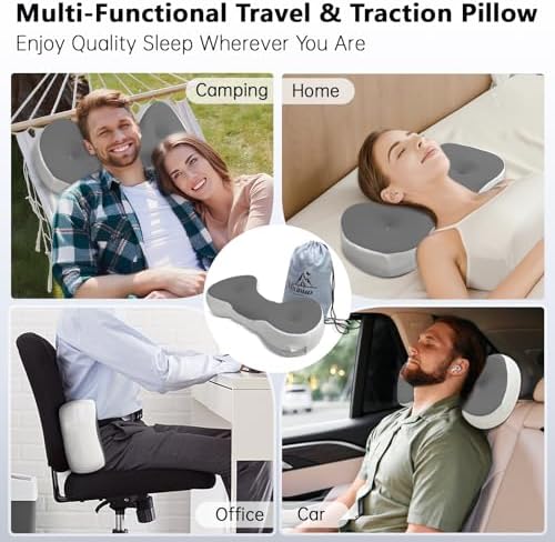 Cervical Neck Roll Pillow, Say Goodbye to Neck Pain, Travel Neck Support Pillow for Side Sleepers, Ergonomic Memory Foam Camping Pillow, Cervical Traction Device with Storage Bag