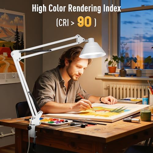Led Desk Lamp for Home Office - Swing Arm Desk Lamp with Clamp - Architect Adjustable Gooseneck Table Lamp with 5 Color Modes & 10 Brightness for Reading Working Drafting (White)