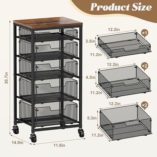 Rolling Cart with Drawers, 5-Drawer Storage Cart on Wheels with Vintage Wooden Top, Heavy Duty Metal Utility Cart, Mobile Craft Art Storage Cart for Kitchen, Bathroom, Office, Bedroom, Art Studio