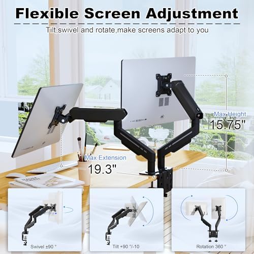 THEARK Dual Monitor Stand for Desk - Dual Monitor Mount for 17-32 Inch Screens,Height Adjustable Dual Monitor Arm Desk Mount with Clamp and Grommet Base,75x75/100x100mm VESA Mount,Max 19.8 lbs,Black