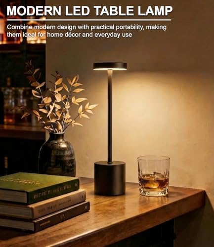 Swinerton Black Cordless Table Lamp, Rechargeable 5000mAh Battery Powered Wireless Table Light, 3 Color Dimmable Lighting, Patio Outdoor Table Lamp, Bedside Night Lamp, Ambient Light for Dining