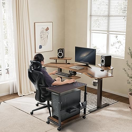 EUREKA ERGONOMIC PC Stand Computer Cart, Height Adjustable Tower Stand 2-Tier Suit for ATX Case Printer, Metal Rolling Cart on Wheels for Gaming Home Office, Walnut
