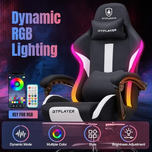 GTPLAYER RGB Gaming Chair with Footrest, LED Lights, Ergonomic Computer Chair with Linkage Armrest, Breathable Fabric for Home Office Desk - Video Game Chairs for Adults