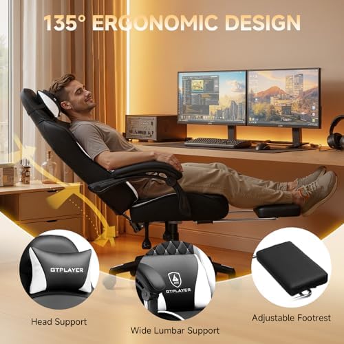GTPLAYER Gaming Chair, High Back Leather Computer Gaming Chair with Footrest, Ergonomic Height Adjustable Office Chair with Removable Cover and Lumbar Support for Gaming & Work,White