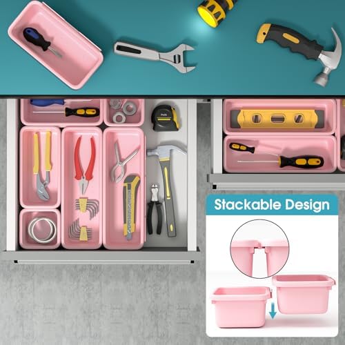 6 PCS Drawer Organizer Set, 3 Size Makeup Drawer Divider Organizer With Non-Slip Pads, Interlocking Plastic Storage Bins for Office,Jewelry Vanity,Gadgets, Bathroom,Kitchen, Pink