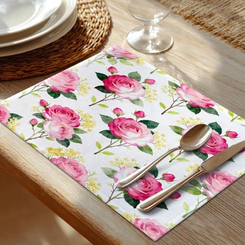 Shrahala Beautiful Rose Flower Placemats, Beautiful Flower Elegant Table Mat Linen Burlap Washable Double-Deck Heat Insulation for Dining Table Kitchen Table Set of 4 (12 x 18 inch)