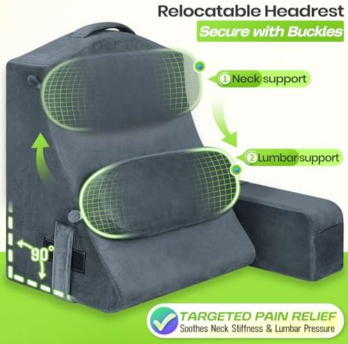 21 INCH Reading Pillow for Adults, Back Pillow for Bed Sitting Up, Backrest Pillow for Sitting in Bed, Detachable Arms with Built-in Cup & Phone Caddy (Dark Gray, 21 INCH)
