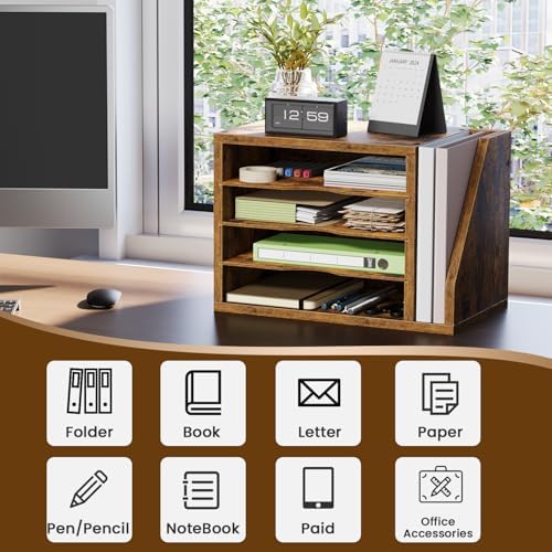 Wooden Mail Organizer, Desk Organizer with 3 Adjustable Shelves