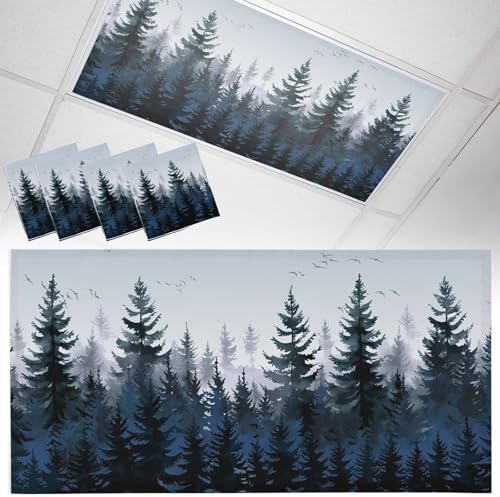 Forest Blue Trees Magnetic Fluorescent Light Covers for Ceiling Lights 2 x 4 Feet, Watercolor Nature Bird Office Classroom Kitchen Drop Ceiling Light Covers Lighting Filters Shade Panel 4 Packs