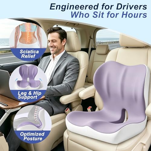 Seat Cushion for Office Chair and Car, Ergonomic Memory Foam Seat Cushion with Lumbar Support Pillow, Orthopedic Cushion for Sciatica & Back Pain, Purple & Light Gray