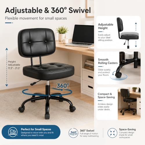 Armless Drafting Chair, Ergonomic PU Leather Home Office Computer Task Chair with Lumbar Support, Height Adjustable Swivel Rolling Chair for Small Spaces, Vanity, Bedroom, Study, Living Room, Black