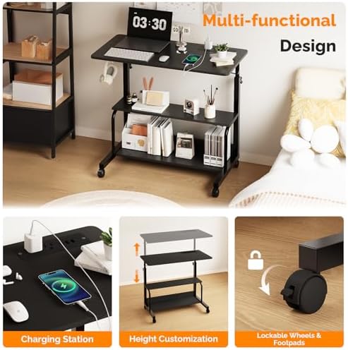 FCH 31.5" Mobile Small Standing Desk, Adjustable Height Mobile Computer Desk, w/2 AC Outlets + 3 USB Ports & Hooks, Storage Shelves, Suitable for Gaming, Studying, Home Office, Black