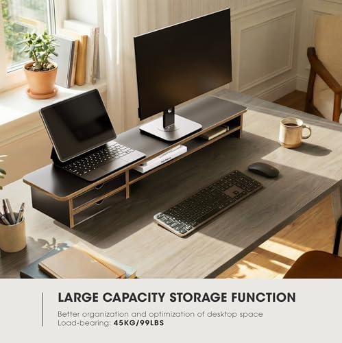 Fenge Monitor Stand, Desk Computer Riser with Frosted Storage Drawer, Black