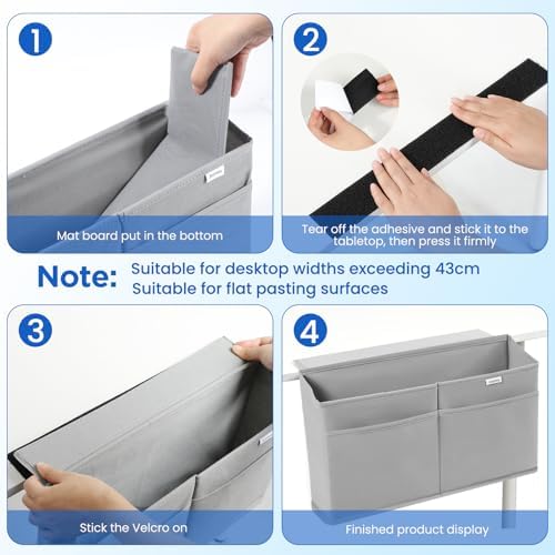 2 Pack Desk Side Hanging Organizer, Adhesive Storage Bag with Pockets for Magazine Ipad Notebook, for End Tables Home Office Desks Computer Workstations Dressing Table, Grey