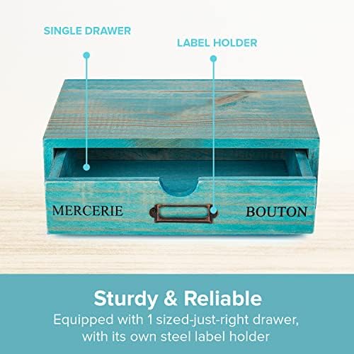 Turquoise Single Drawer Unit - European Country Style Desk Organizer Box - 9.7x7x2.6 Teal Wooden Stackable Drawer - Countertop Organizer Drawer w/Label Holder - Single Monitor Shelf