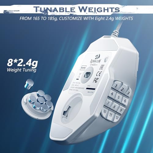 Redragon Gaming Mouse, MMO Gaming Mouse UP 12400 DPI, 19 Macro Programmable Buttons, RGB Mouse with 12 Side Buttons, 8 * 2.4g Weight Tuning for PC Laptop MOBA FPS, White
