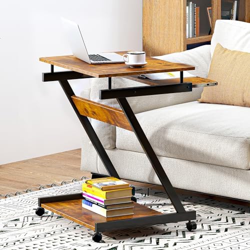 soges Small Rolling Computer Desk, Z Shape Laptop Desk Cart on Wheels, Mobile Computer Workstation for Home and Office with Keyboard Tray, Rustic Brown