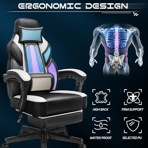 Gaming Chair for Adults, Video Game Chair with Footrest, Big and Tall Gaming Chair Heavy Duty Computer Chair with Massage Lumbar, Ergonomic Adjustable Height and 360° Swivel Seat, PU Leather, White