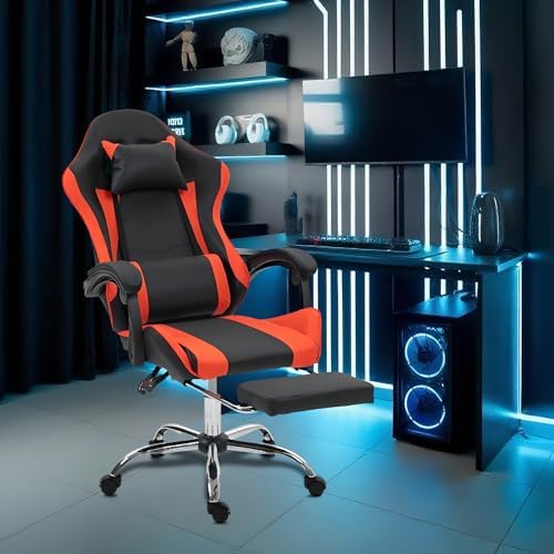 Gaming Chair with Massage, Red Ergonomic Video Game Racing Chair w/Footrest for Kids Adults, Adjustable Headrest & Lumber Support, 360° Swivel for Gaming Room Home Office Bedroom