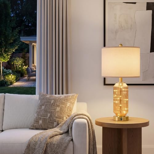 Oneach 24.5" Bedside Table Lamps Set of 2, Amber Glass Lamp with Nightlight