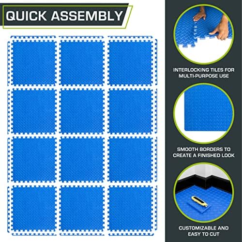 ProsourceFit Exercise Puzzle Mat ½-inch, EVA Interlocking Foam Floor Tiles for Home Gym, Workout Equipment, Kids Play Areas, Blue, 48 SQ FT - 12 Tiles