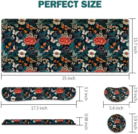 AIMSA XXL Large Gaming Mouse Pad Set with Wrist Rest, Retro Floral Butterfly Pattern, Multicolor, Fabric, Memory Foam, 4 in 1 Combo, Ultra-smooth, Non-slip, Stitched Edges