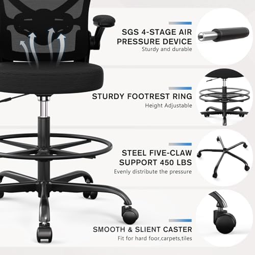 Alolo Drafting Office Chair with Foot Rest,Ergonomic Chair with Footrest for Standing Desk,Adjustable Mesh Lumbar Support Chairs with Flip-up Armrest and Heavy Duty Rolling(Black)