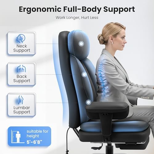 BestGlory Big and Tall Office Chair with Lumbar Support, Executive Leather Computer Desk Chair, Heavy Duty Comfortable Gaming Chair with Double Layer Cushion & Footrest for Home Office Gaming