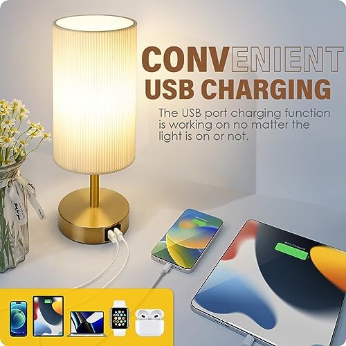 Yarra-Decor Bedside Lamp with USB A+C Charging Ports Set of Two - Touch Control Table for Bedroom Wood 3 Way Dimmable Nightstand Round Pleated Shade Home Office (LED Bulb Included)
