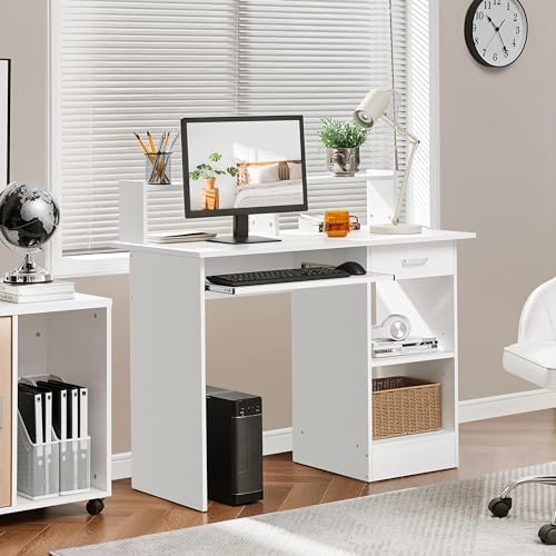 Yaheetech Computer Desk with Keyboard Tray, Drawers, and Shelves, White