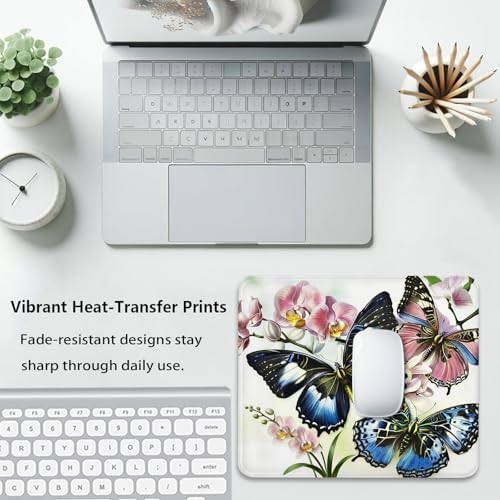 Exotic Blue Butterflies Pink Orchids Floral Mouse Pad, Tropical Desk Mat