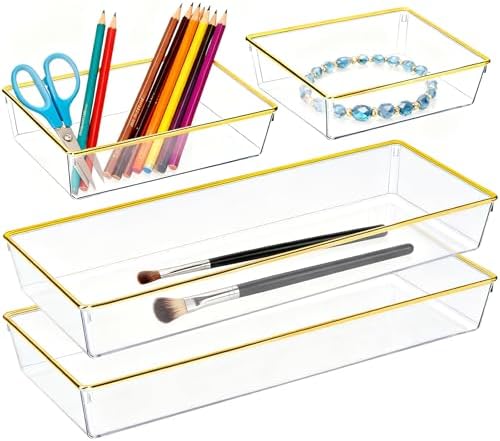 4 Pack Large Size Clear Stackable Drawer Organizer Trays, Gold Rim Makeup Drawer Storage Tray Divider, Desk Storage for Makeup, Jewelry, Bathroom, Stationary, Kitchen Utensils and Office Desk