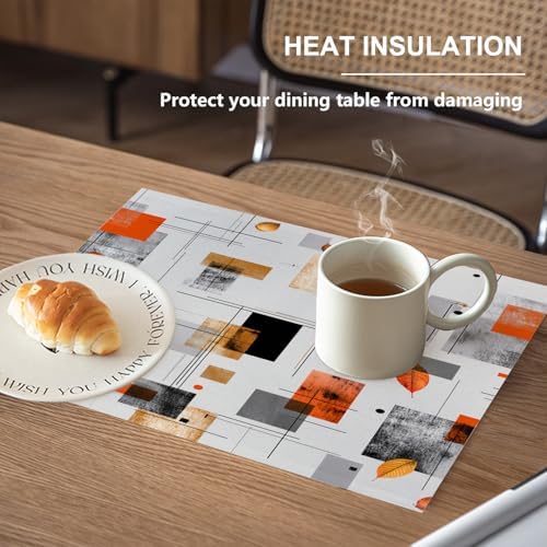 Structured Linear Abstract Linen Placemats, Autumn Geometric Modern Digital Gray Orange Table Mats for Table Washable Heat Insulation Thick Dining Mat, Indoor/Outdoor 12X18 in 4 Pcs