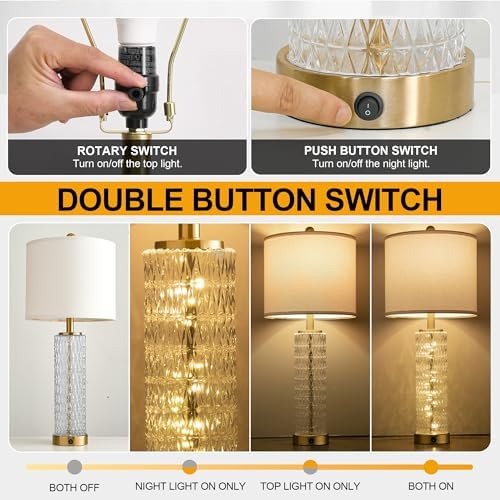 Oneach 27.75" Gold Table Lamps Set of 2 with Crystal Nightlight for Bedside